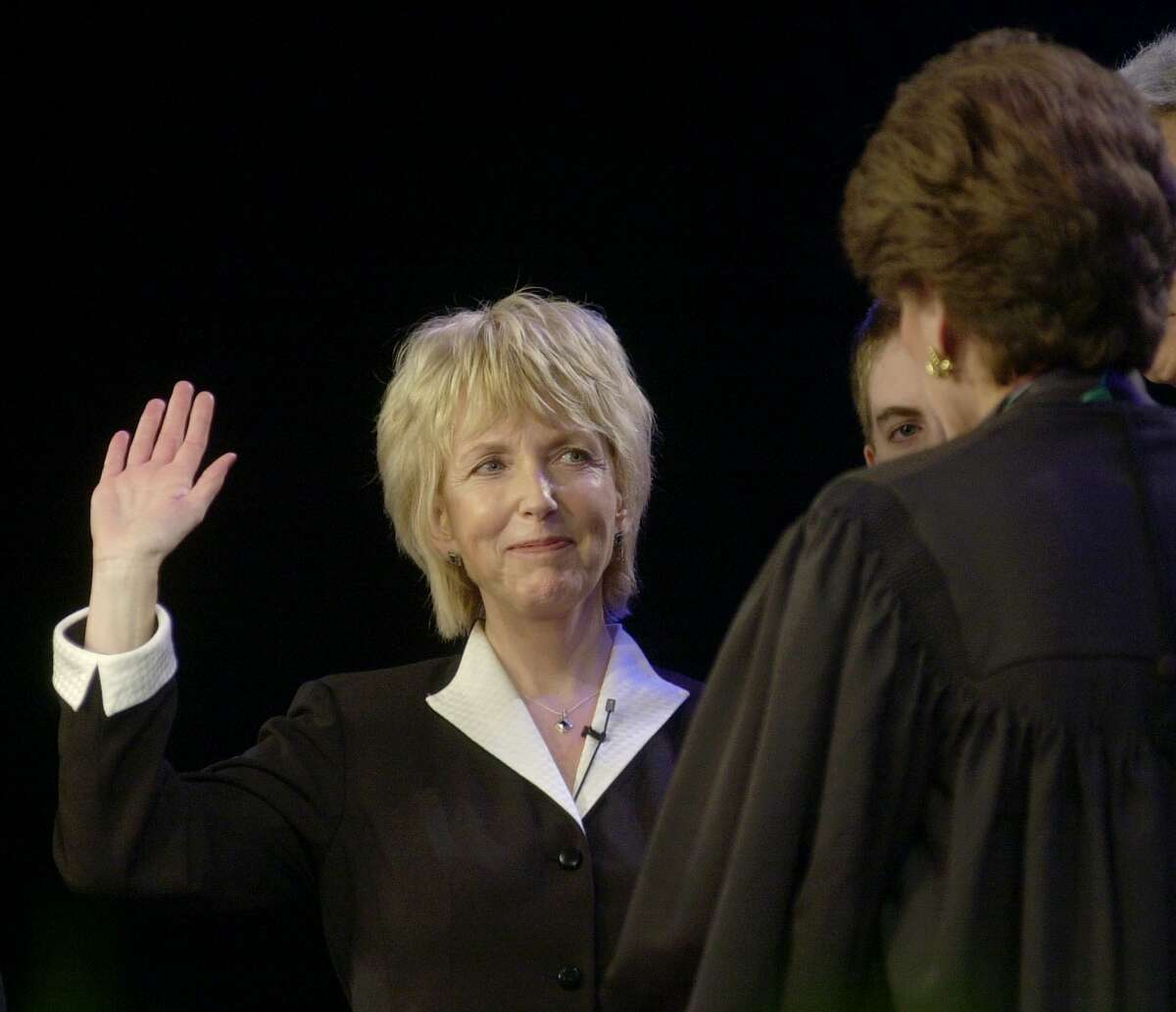 New York Lt. Gov. Mary Donohue is sworn in as lieutenant governor of New York, Wednesday, Jan. 1, 2003, at the state Capitol in Albany, N.Y., Chief Judge of the Court of Appeals Judith Kaye, right, swears in Donohue.