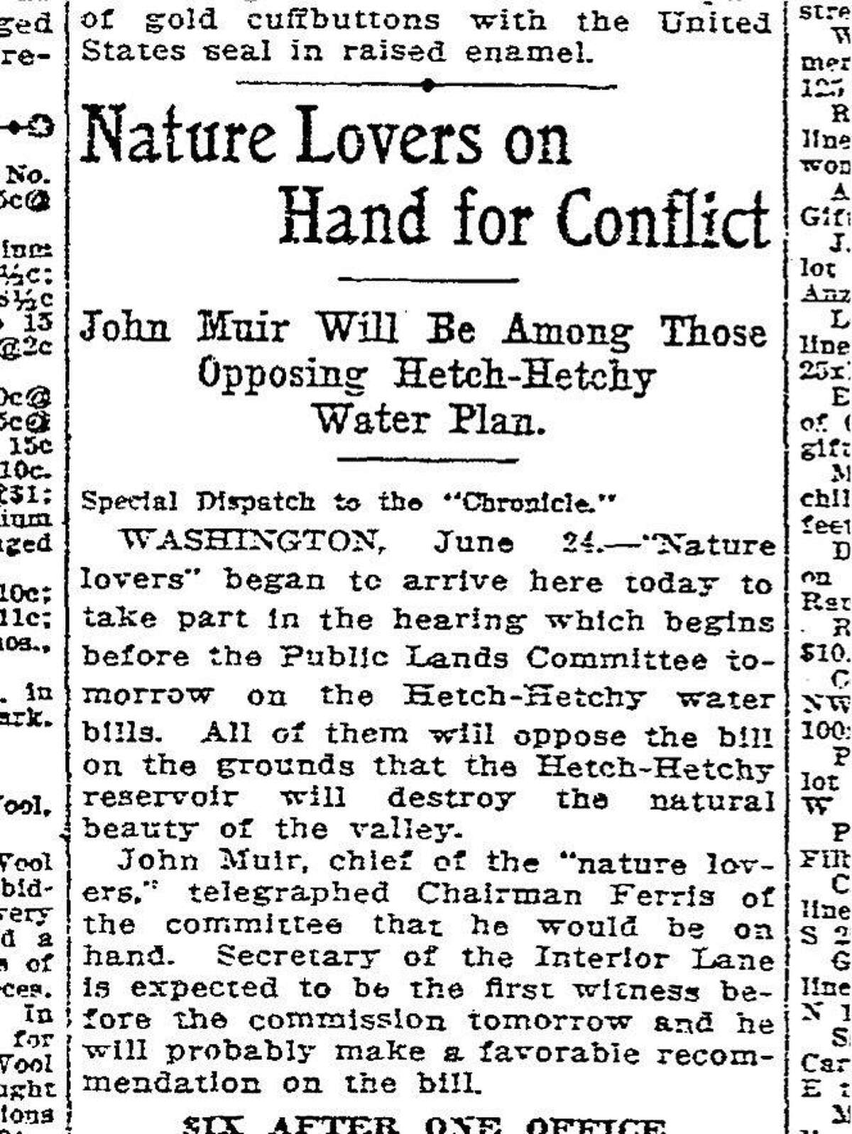 June 25,, 1913 article on the John Muir and the Sierra Club fighting to prevent the creation of Hetch Hetchy Reservoir on National Park land