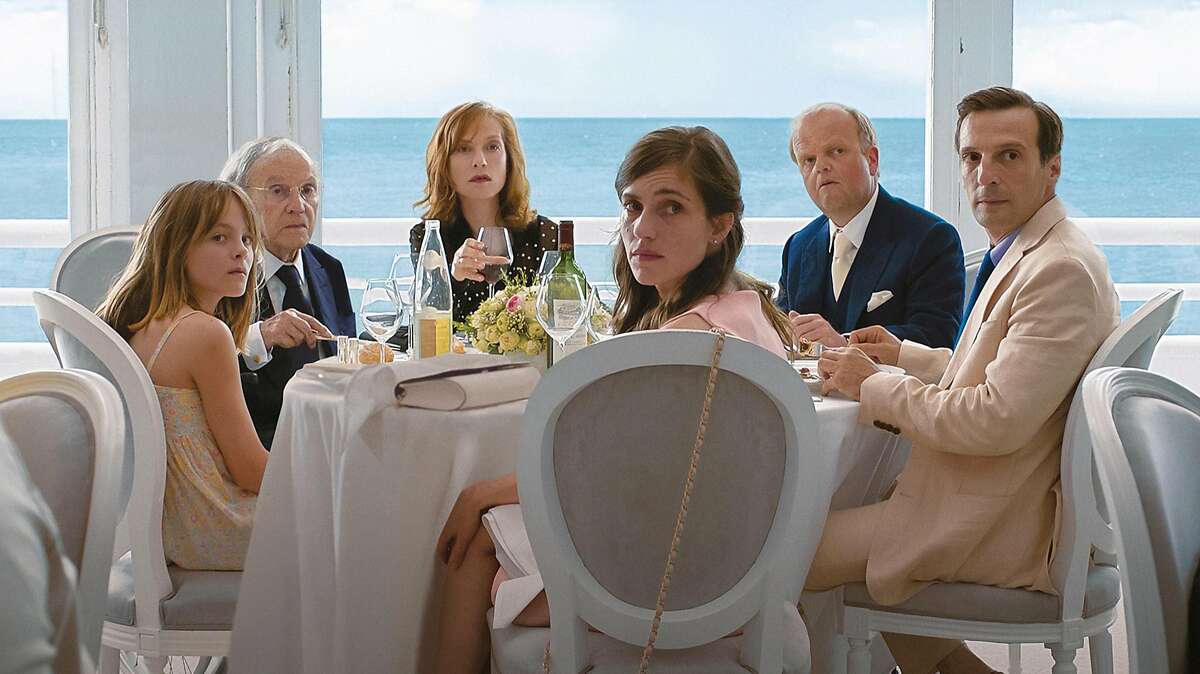 From left, Fantine Harduin as Eve, Jean-Louis Trintignant as Georges, Isabelle Huppert as Ann, Laura Verlinden as Anais, Toby Jones as Lawrence and Mathieu Kassovitz as Thomas in the film, "Happy End." (Films du Losange/Sony Pictures Classics)