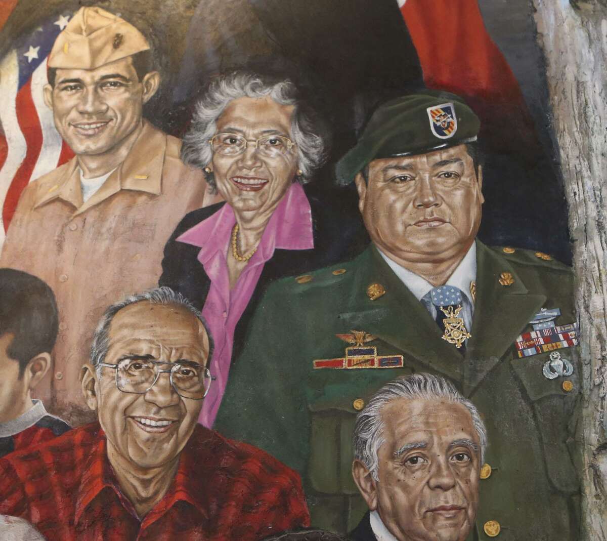 A mural at Mi Tierra restaurant features portraits of prominent people from San Antonio or with ties to San Antonio, South Texas and Mexico. Some of the portraits feature Hispanics with ties to the military such as Master Sergeants Cleto Rodriguez (not pictured) and Roy P. Benavidez (upper right). Also featured is U.S. Rep. Frank Tejeda (upper left), a decorated veteran of the Vietnam War.