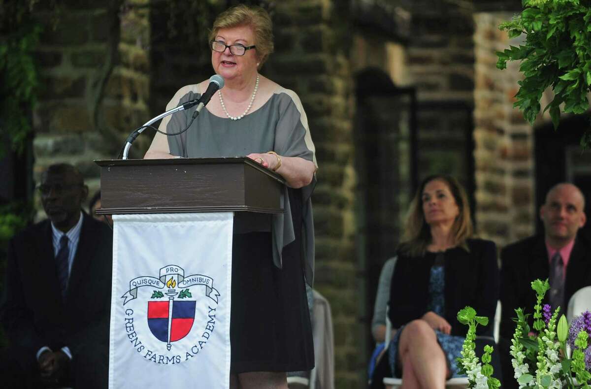 Head of School Janet Hartwell greets the audience during the Greens Farms Academy Class of 2017 graduation Thursday, June 8, 2017, at the school in Westport, Conn.
