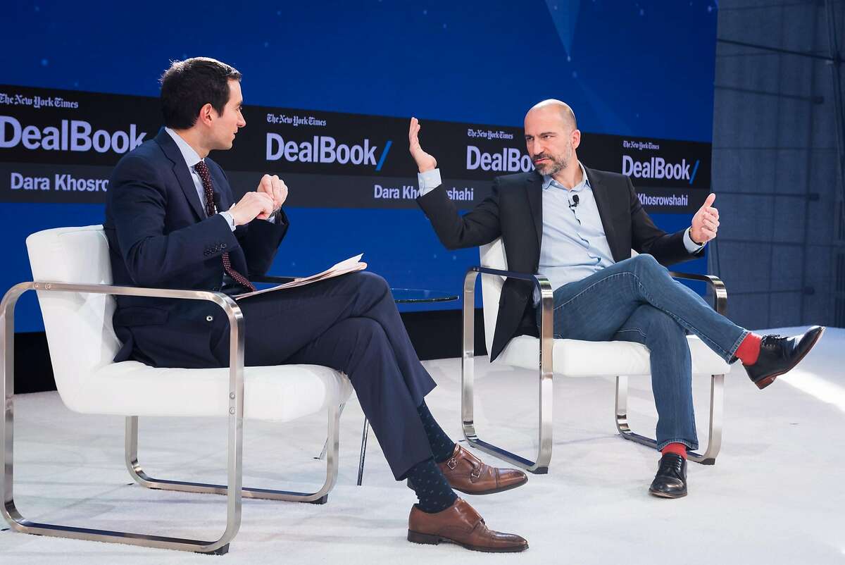 NEW YORK, NY - NOVEMBER 09: Andrew Ross Sorkin and Dara Khosrowshahi speak onstage at The New York Times 2017 DealBook Conference at Jazz at Lincoln Center on November 9, 2017 in New York City. (Photo by Michael Cohen/Getty Images for The New York Times)