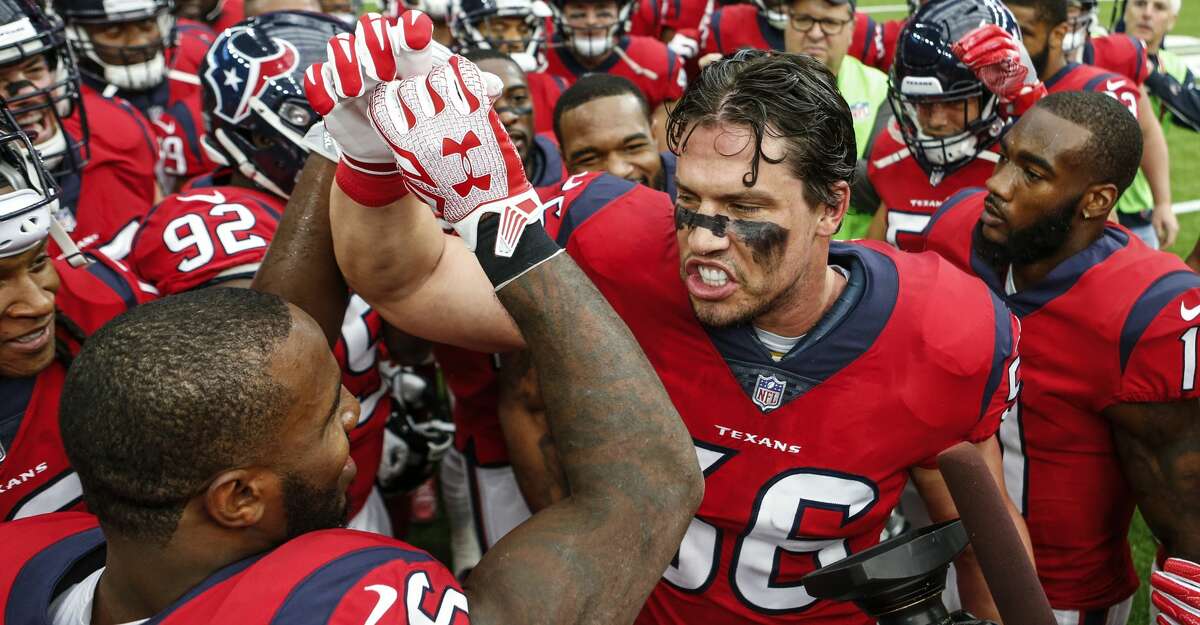 PHOTOS: Contract situation for each Texans player headed into the 2019 offseason  Houston Texans inside linebacker Brian Cushing (56) gathers his teammates together before an NFL football game against the San Francisco 49ers at NRG Stadium on Sunday, Dec. 10, 2017, in Houston. ( Brett Coomer / Houston Chronicle ) >>>Browse through the gallery to see contract situations for each Texans player headed into the 2019 offseason ...