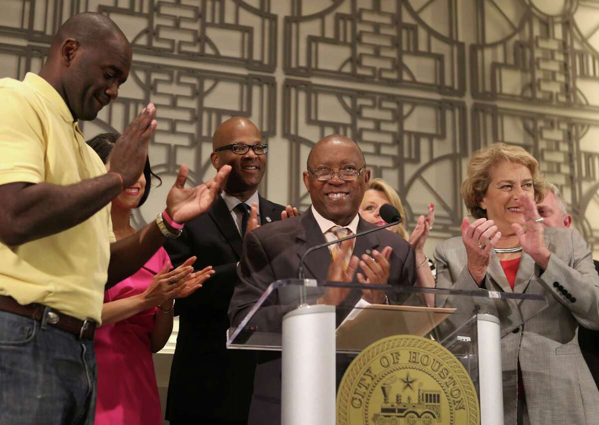 Houston mayor Sylvester Turner announces an agreement between the city and all three employee pension systems to reform the city's pension system during a press conference at City Hall, Monday, Oct. 24, 2016, in Houston. ( Mark Mulligan / Houston Chronicle )