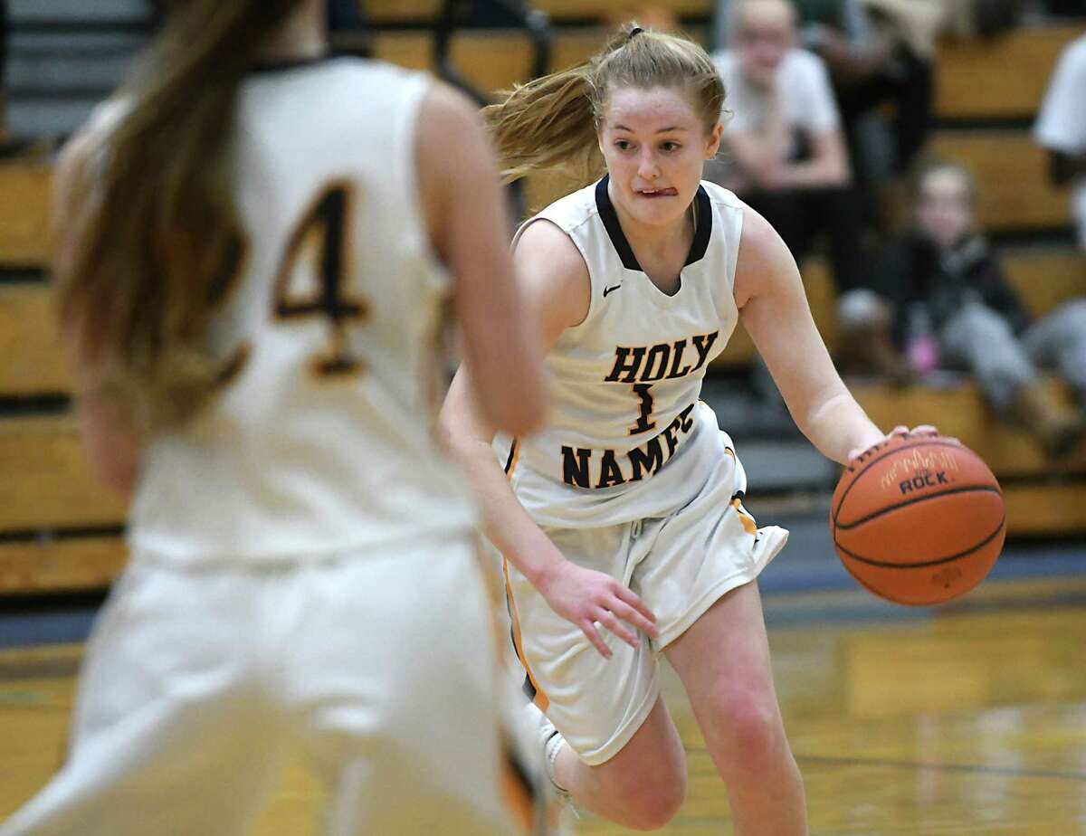 Holy Names' Kiera Cohen dribbles the ball during a basketball game against Columbia on Friday, Dec. 29, 2017 in Albany, N.Y. (Lori Van Buren / Times Union)