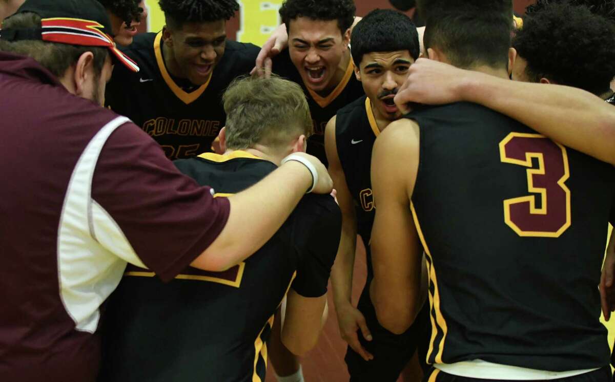The Colonie boys' basketball team rallies before the final game of the Harold Sand Holiday Basketball Challenge against Watervliet on Friday, Dec. 29, 2017, in Colonie, N.Y. Colonie defeated Watervliet 65-53.(Jenn March/Special to the Times Union)