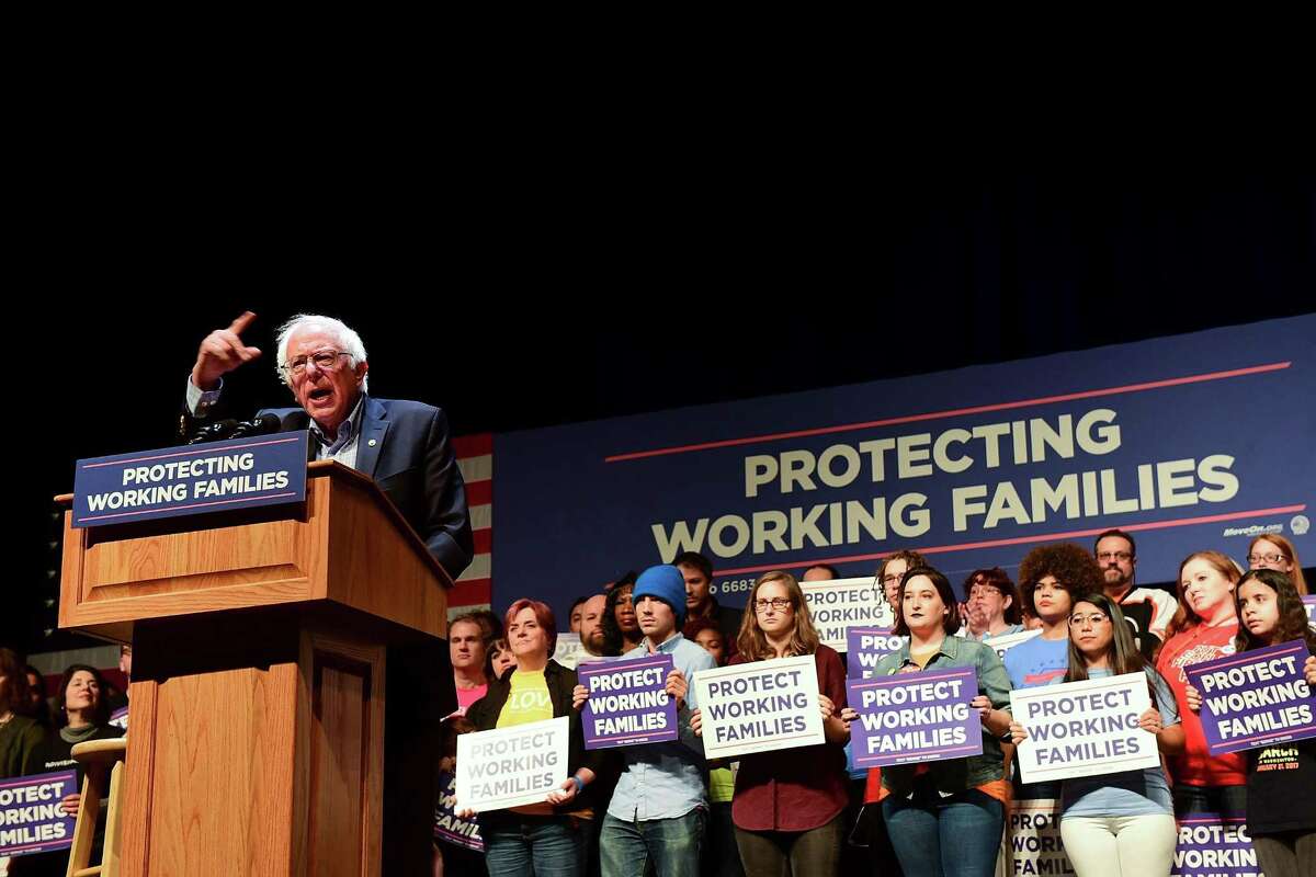 READING, PA - DECEMBER 03: U.S. Senator Bernie Sanders speaks on stage during the Protecting Working Families Rally to stand up against the horrific GOP tax proposal, hosted by Not One Penny, and MoveOn.org at Santander Performing Arts Center on December 3, 2017 in Reading, Pennsylvania. (Photo by Lisa Lake/Getty Images for MoveOn.org)