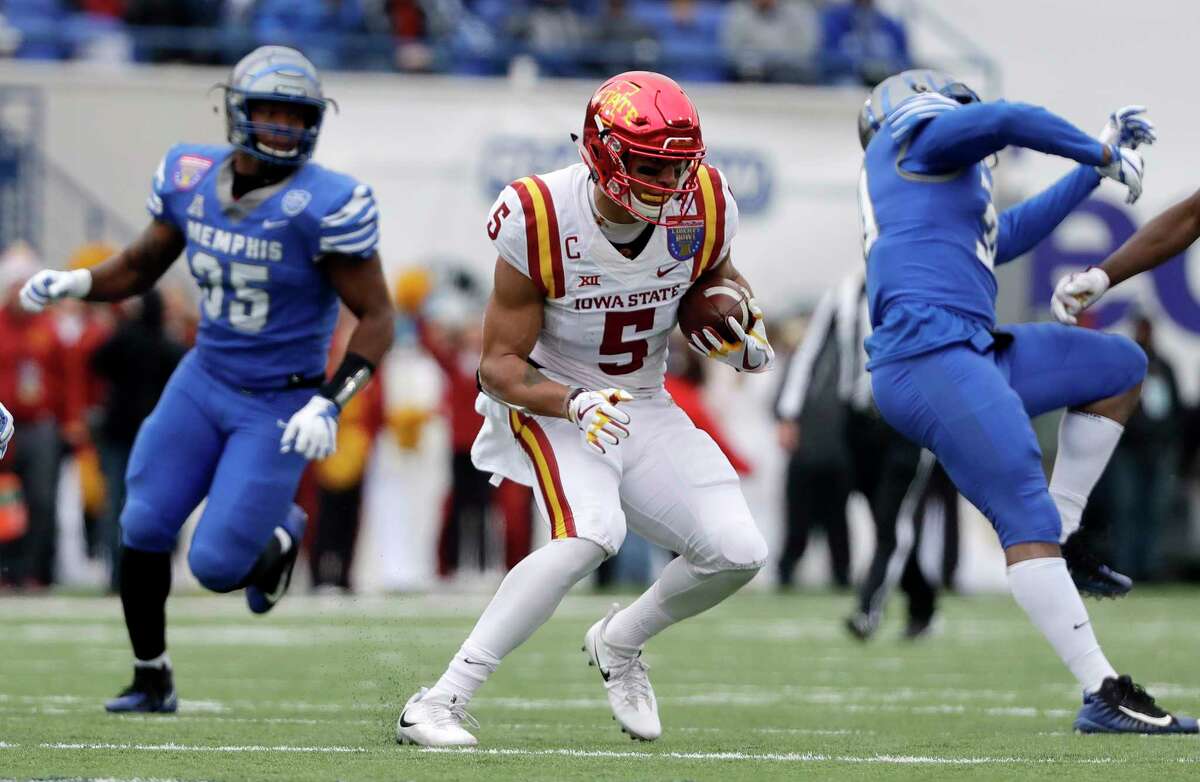 Iowa State wide receiver Allen Lazard (5) runs the ball after making a reception against Memphis during the first half of the Liberty Bowl NCAA college football game Saturday, Dec. 30, 2017, in Memphis, Tenn. Lazard tied a Liberty Bowl record with 10 catches as Iowa State won 21-20. (AP Photo/Mark Humphrey)