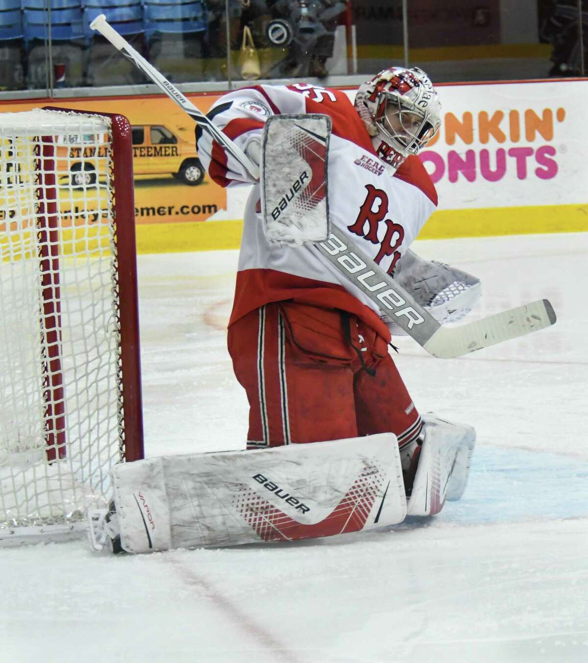Rensselaer Polytechnic Institute goaltender Chase Perry blocks a shot during a game against University of Maine at RPI campus on Saturday, Dec. 30, 2017, in Troy, N.Y. (Jenn March/Special to the Times Union)