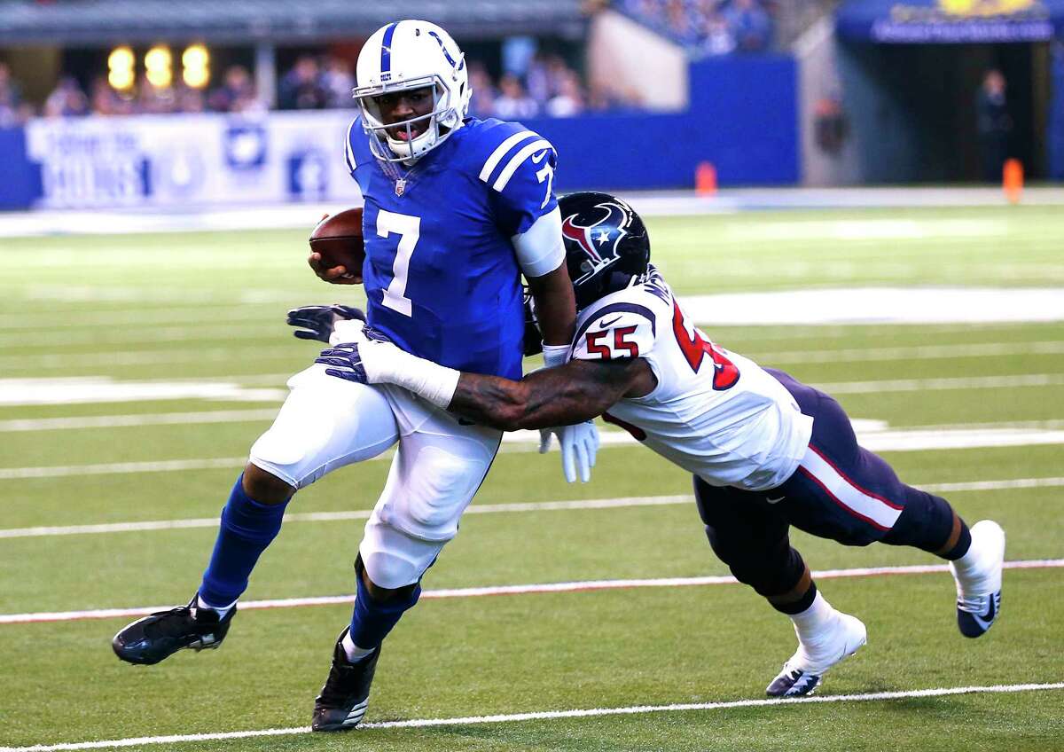 Indianapolis Colts quarterback Jacoby Brissett (7) is tackled by Houston Texans inside linebacker Benardrick McKinney (55) as he is forced out of the pocket during the first quarter of an NFL football game at Lucas Oil Stadium on Sunday, Dec. 31, 2017, in Indianapolis.