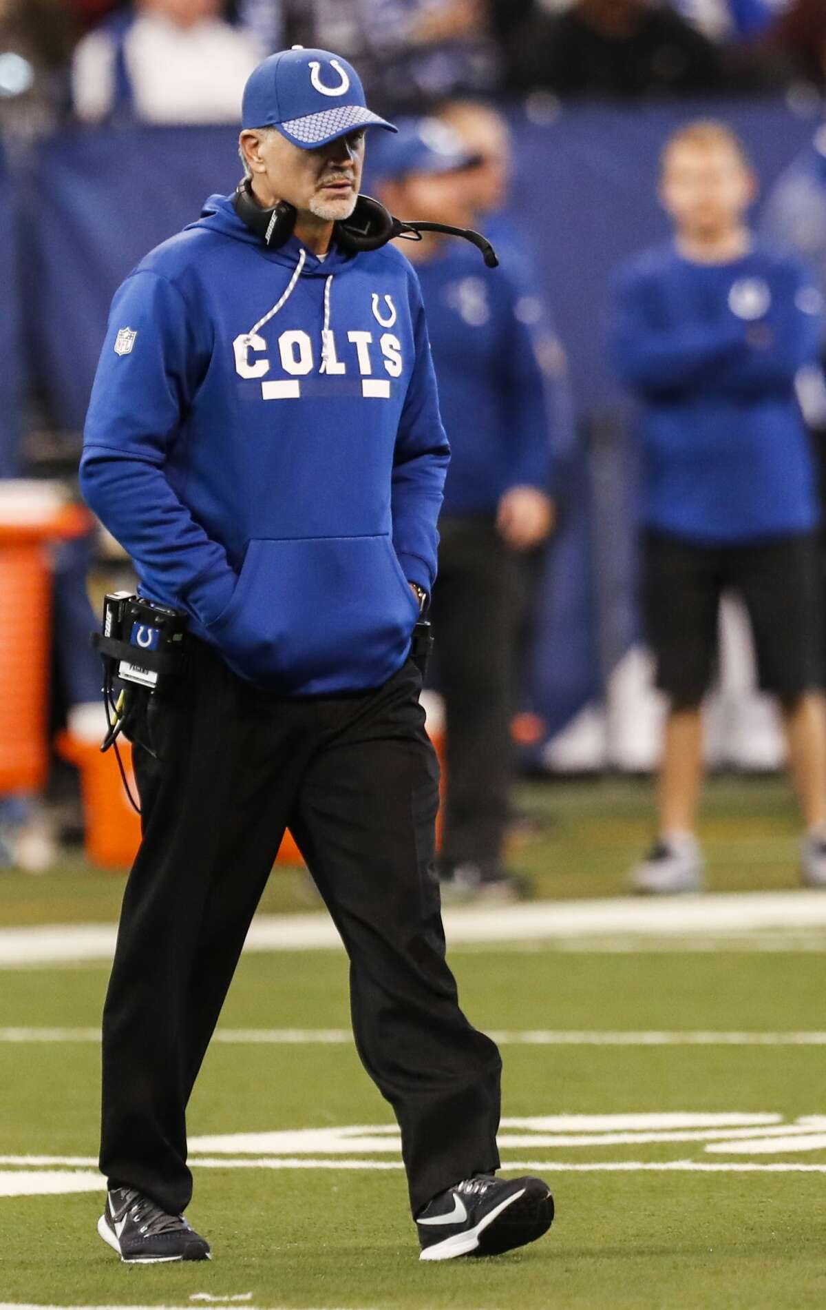 Indianapolis Colts head coach Chuck Pagano walks across the field during the fourth quarter of an NFL football game against the Houston Texans at Lucas Oil Stadium on Sunday, Dec. 31, 2017, in Indianapolis. ( Brett Coomer / Houston Chronicle )
