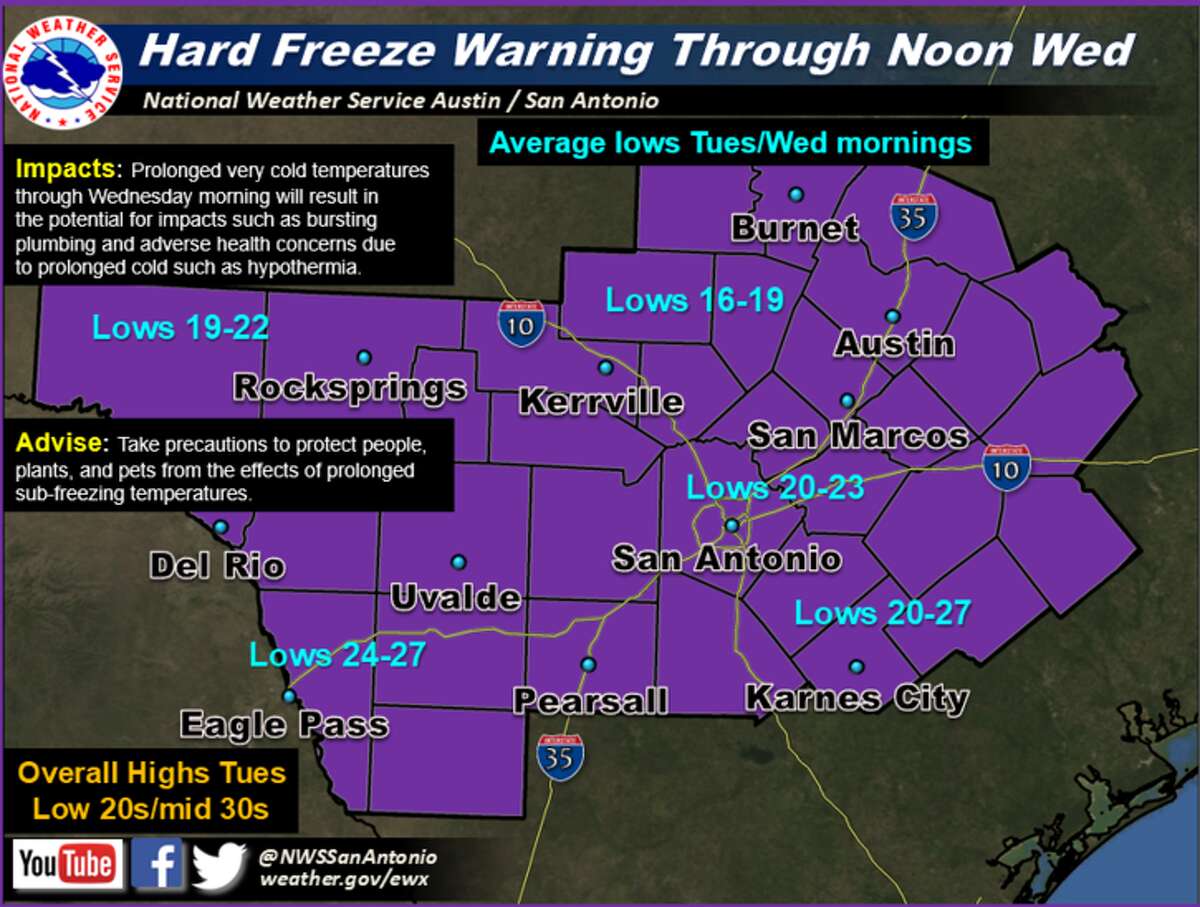 The National Weather Service issued a hard freeze warning that will last until Wednesday, Jan. 3, 2018, in the San Antonio area.