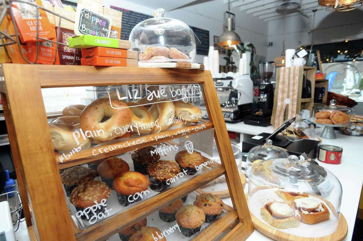 Freshly baked goods from Liz Sue Bagels sit on the counter inside Humbled Coffeehouse at 575 Hope St., in Stamford, Conn., on Monday, Dec. 18, 2017.