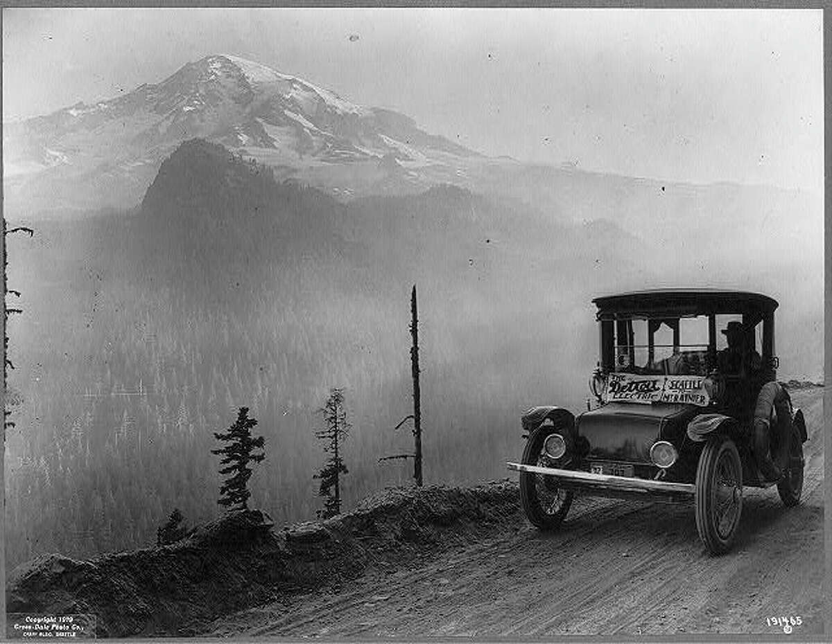 A Detroit Electric automobile drives from Seattle to Mt. Rainier as an advertising stunt. Uncredited, from the Library of Congress collections