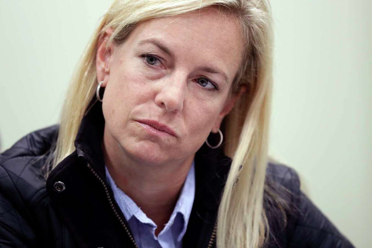 Homeland Secretary Kirstjen Nielsen listens during an interview Tuesday, Jan. 2, 2018, in San Diego. Nielsen told The Associated Press that the administration doesnÂ?’t endorse citizenship for recipients of the Deferred Action for Childhood Arrivals program but that it would consider legislation that Congress passes.(AP Photo/Gregory Bull)