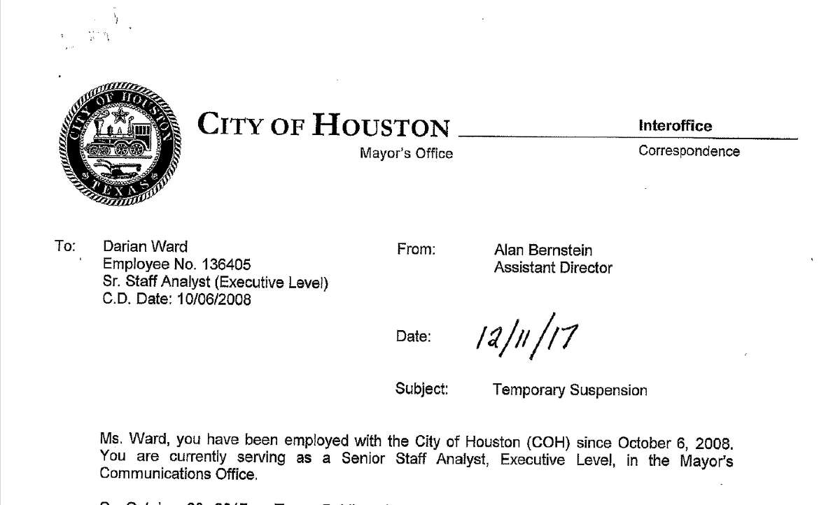 A screenshot of Darian Ward's suspension letter, detailing accusations of using city time to conduct personal business and failing to turn over public records to a journalist.