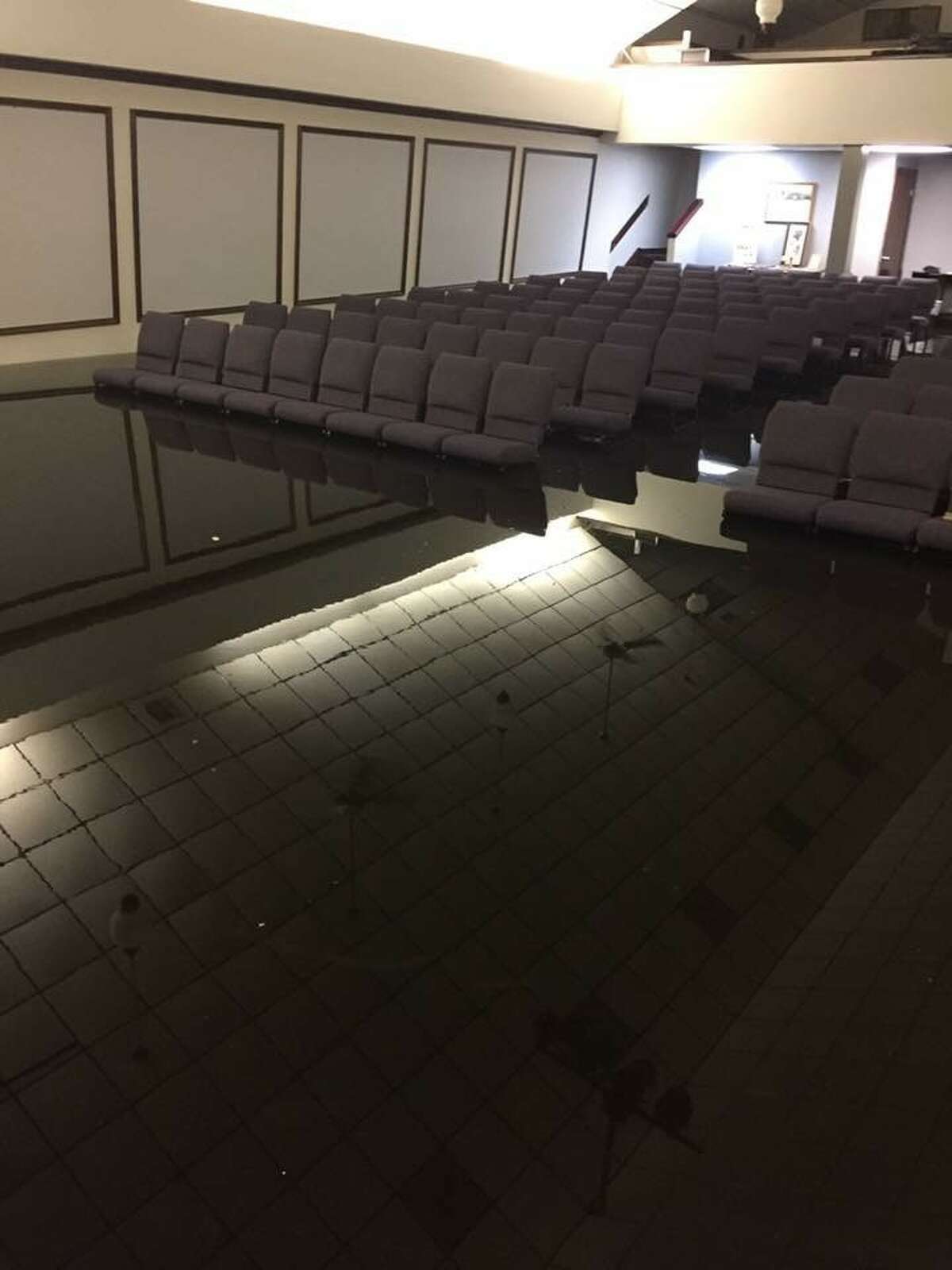 The sanctuary at Hi-Way Tabernacle is pictured after it sustained damage during Hurricane Harvey.