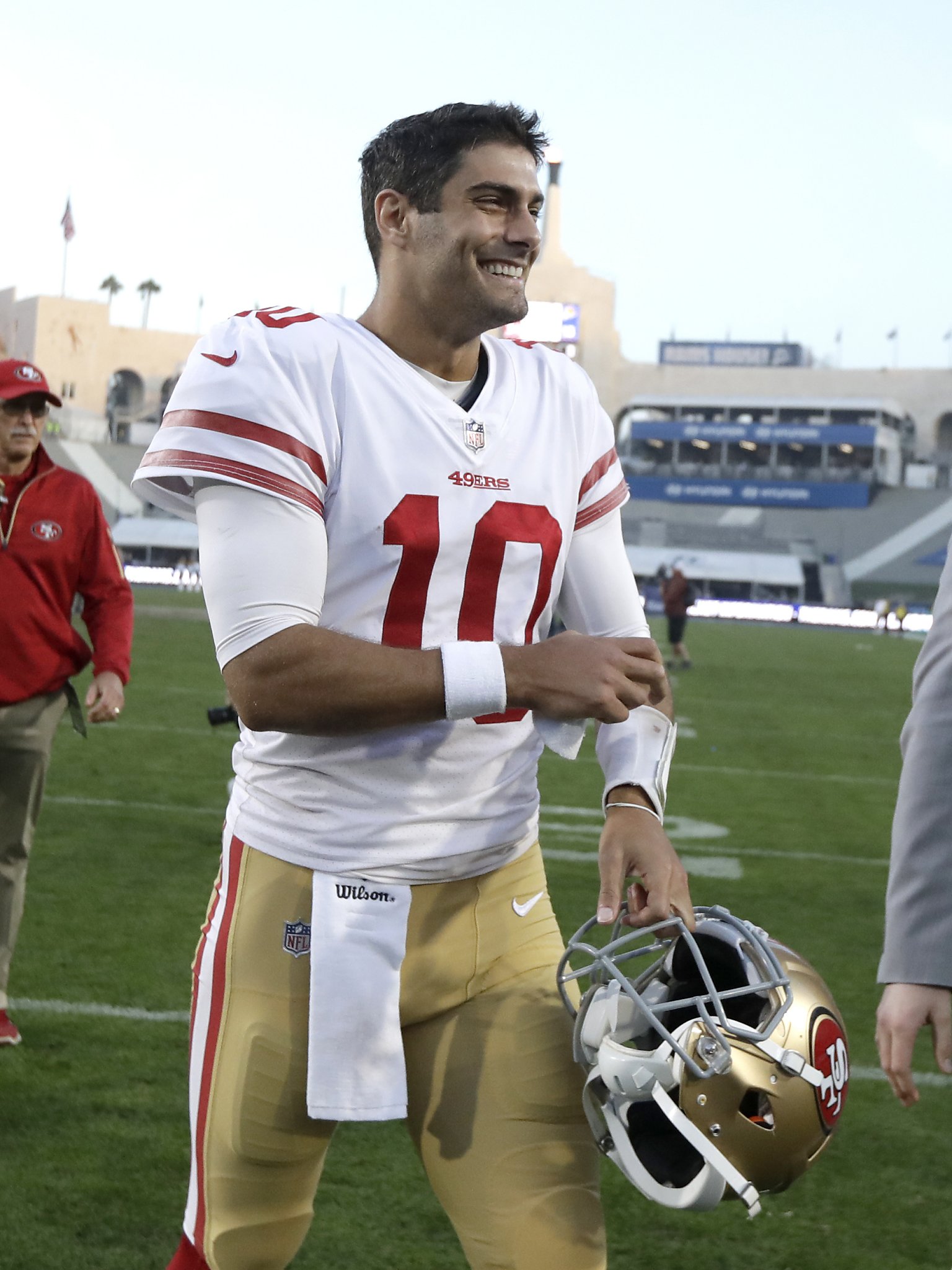 San Francisco 49ers quarterback Jimmy Garoppolo against the Los Angeles  Rams during the first half of an NFL football game Sunday, Dec. 31, 2017,  in Los Angeles. (AP Photo/Rick Scuteri Stock Photo 