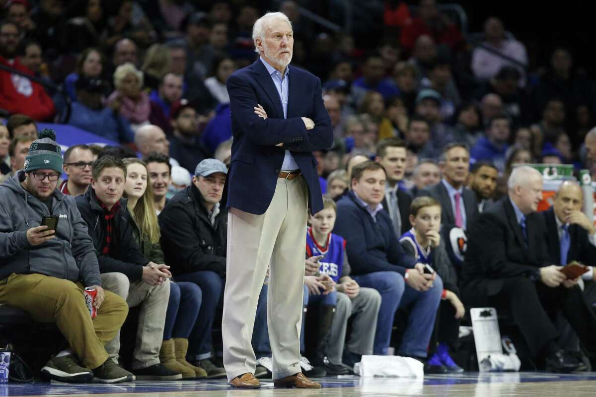 PHILADELPHIA, PA - JANUARY 3: Head coach Gregg Popovich of the San Antonio Spurs follows the game against the Philadelphia 76ers in the first half at Wells Fargo Center on January 3, 2018 in Philadelphia, Pennsylvania. NOTE TO USER: User expressly acknowledges and agrees that, by downloading and or using this photograph, User is consenting to the terms and conditions of the Getty Images License Agreement.