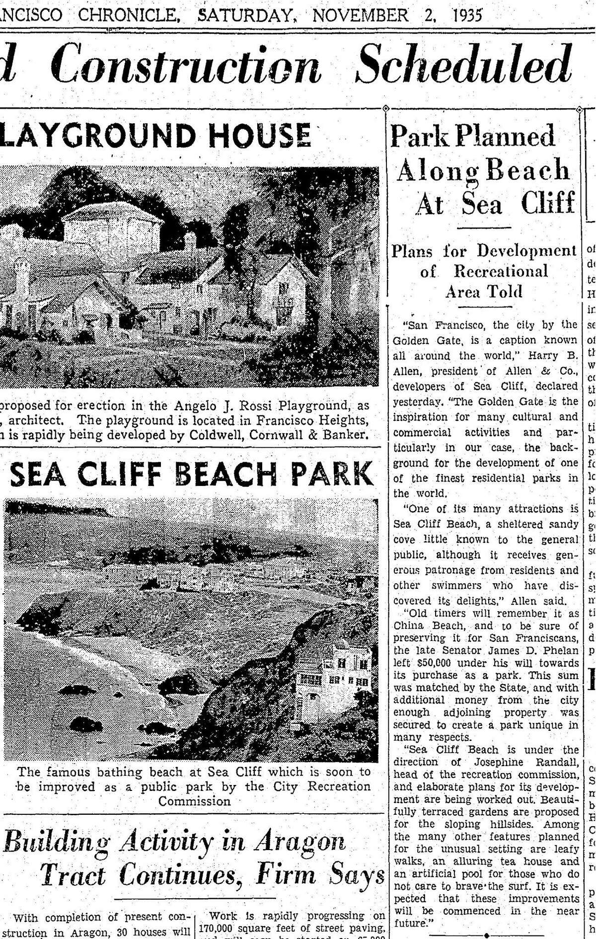 1935年11月2日，旧金山，一篇纪事报关于计划改善中国海滩的文章