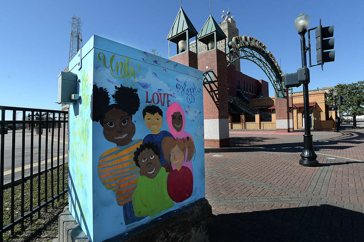 The traffic box located at the Crockett Street entry is among the three boxes on Main Street that have been painted by local artists. The City of Beaumont in concert with area artists have embarked on a downtown revitalization project, adding colorful artwork that reflects local history and culture to the utility boxes. Artists will next work on the boxes along Calder Avenue, creating a kind of colorful pathway to the downtown area. Photo taken Wednesday, January 3, 2018 Kim Brent/The Enterprise