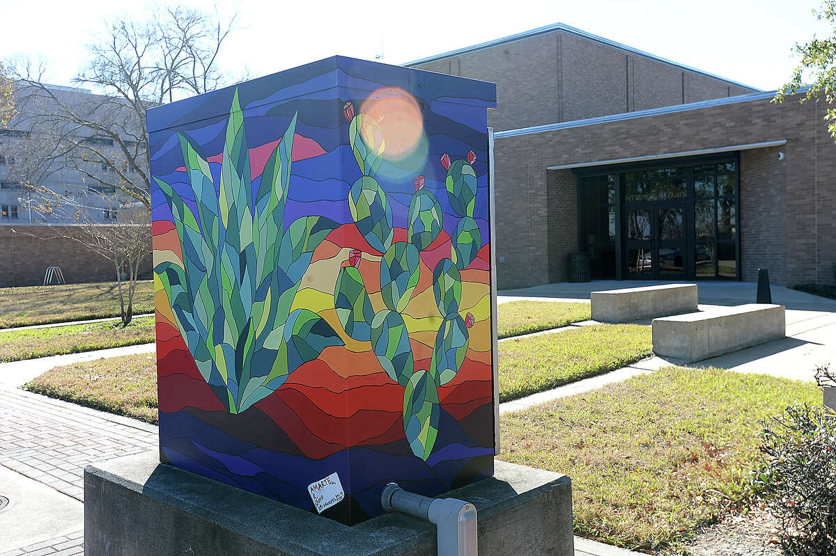 The traffic box located outside of the Beaumont Police station is among the three boxes on Main Street that have been painted by local artists. The City of Beaumont in concert with area artists have embarked on a downtown revitalization project, adding colorful artwork that reflects local history and culture to the utility boxes. Artists will next work on the boxes along Calder Avenue, creating a kind of colorful pathway to the downtown area. Photo taken Wednesday, January 3, 2018 Kim Brent/The Enterprise