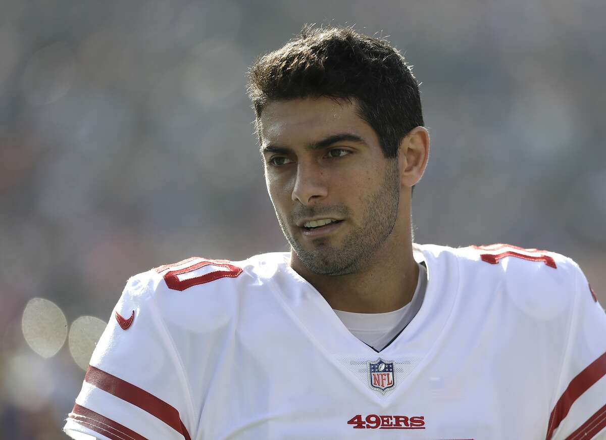 San Francisco 49ers quarterback Jimmy Garoppolo against the Los Angeles Rams during the first half of an NFL football game Sunday, Dec. 31, 2017, in Los Angeles. (AP Photo/Rick Scuteri)