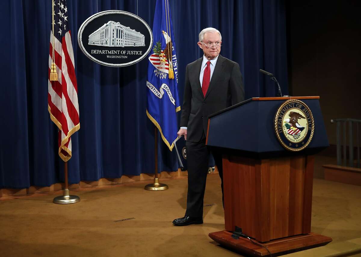 Attorney General Jeff Sessions walks from the podium at the conclusions of a news conference at the Justice Department in Washington, Friday, Dec. 15, 2017, about efforts to reduce violent crime. (AP Photo/Carolyn Kaster)