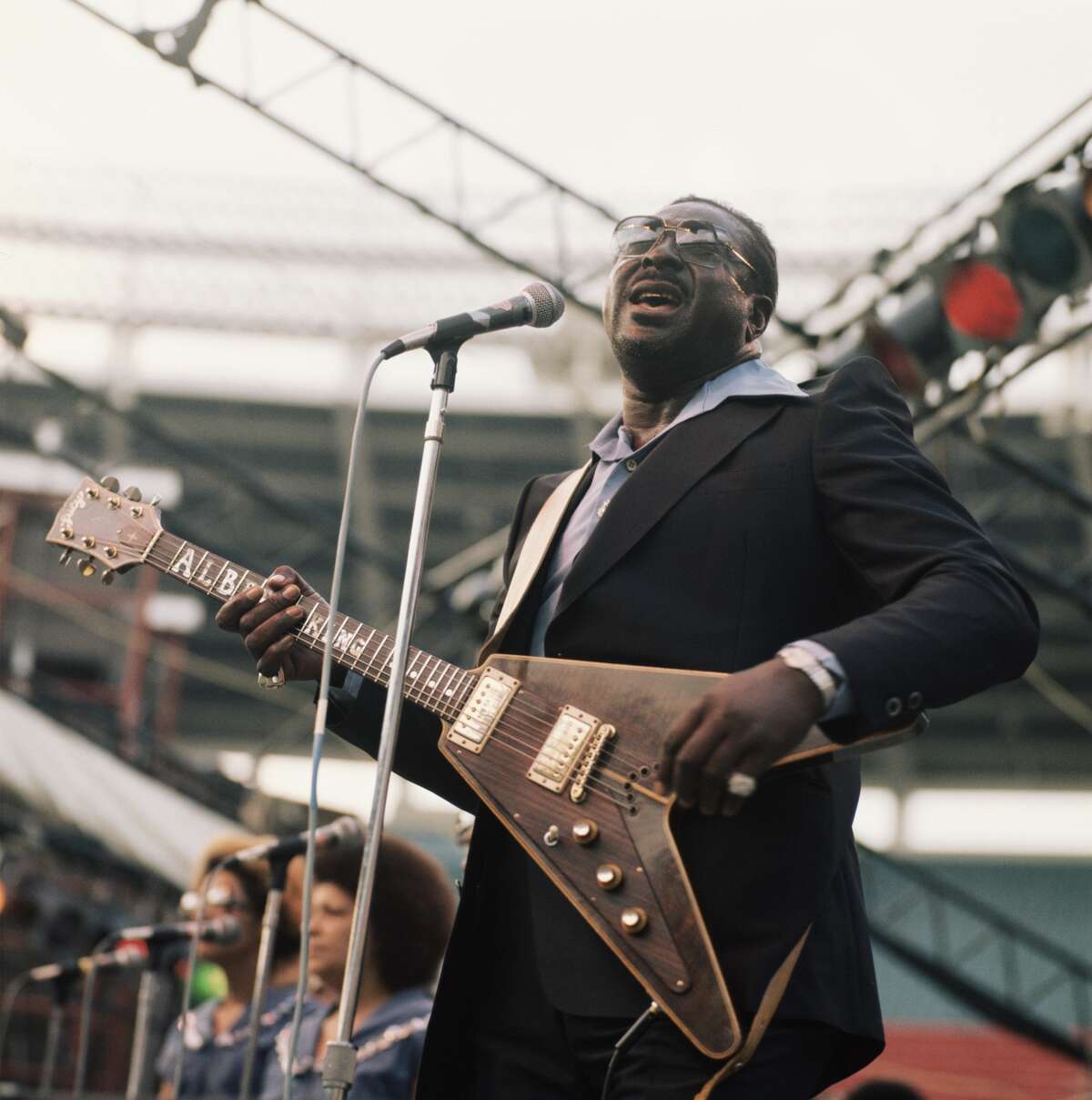 Albert King (1923-1992), blues guitarist and singer, performs on stage as part of the Newport Jazz Festival, held in New York City, in July 1977.