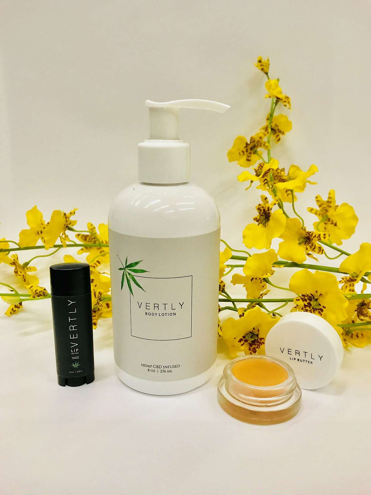 Claudia Mata and Zander Gladish launched Vertly, a plant-based lip balm� line in August 2017 with cannabis as an ingredient, and have added a lotion infused with CBD to the line. It debuts in February. Standard balms come in white packaging and are infused with sativa oil derived from the hemp seed, , while products in white packaging contain CBD, or cannabidiol, a hemp molecule with fatty acids and vitamins.� The rose-scented (and rose-colored)� jar of CBD lip balm retails for $22, at Hero Shop boutique on in San Francisco and www.vertlybalm.com. The black lip balm sells for two in a package for $26, at Barbary Coast dispensary, San Francisco. A new CBD massage oil (center) will be available in February at www.vertlybalm.com.