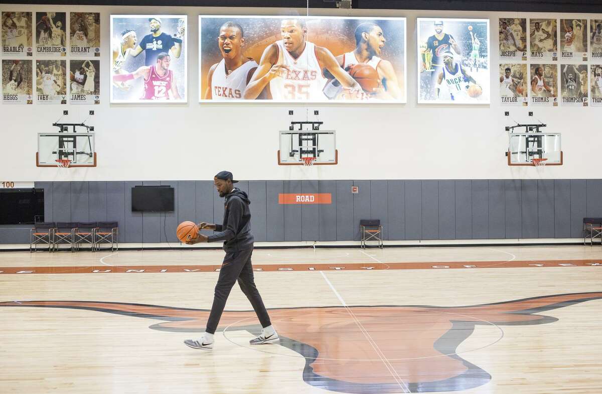 Kevin Durant takes some shots on the men's practice court, part of the newly unveiled Kevin Durant Texas Basketball Center at the University of Texas on Friday, Jan. 5, 2018 in Austin, Texas. The basketball facilities have received numerous upgrades and renovations in the past year and there are more to come with help from another $3 million donated by Durant.