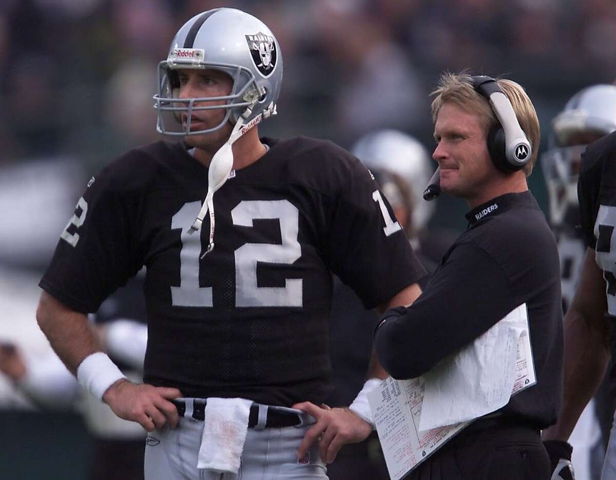 RAIDERS2-C-18NOV01-SP-MJM Raider QB Rich Gannon and head coach Jon Gruden during a home game against the Chargers. CHRONICLE PHOTO BY MICHAEL MALONEY Ran on: 12-16-2005 Jon Gruden and the fate of nine NFL teams were affected.