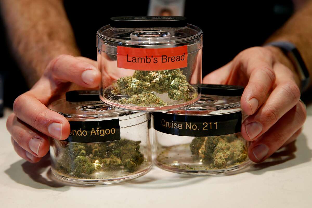 Ryan Hudson, CEO of The Apothecarium displays a variety of cannabis buds, Saturday, Jan. 6, 2018, in San Francisco, Calif.