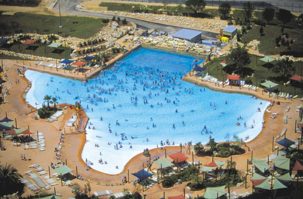 The Texas-shaped wave pool at Fiesta Texas' Armadillo Beach shows the iconic state boundaries that many Texans can draw by memory.