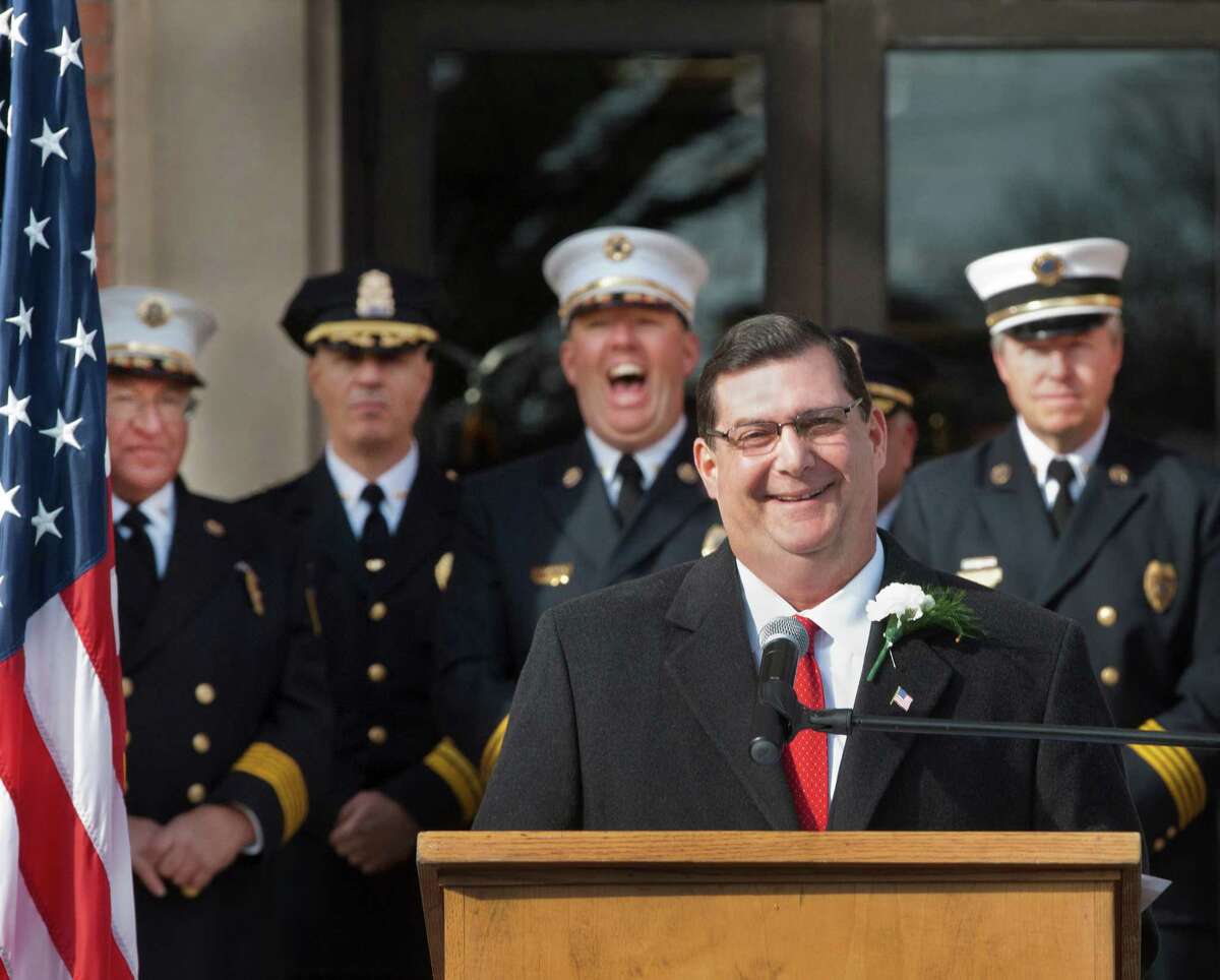 (Melanie Stengel — New Haven Register) Newly inaugurated West Haven Mayor, Edward O'Brien, tells the crowd assembled at City Hall "At the holidays we count our blessings. In West Haven we recount them". O'Brien was alluding to the recount of election votes for himself and former mayor, John Picard 12/1.