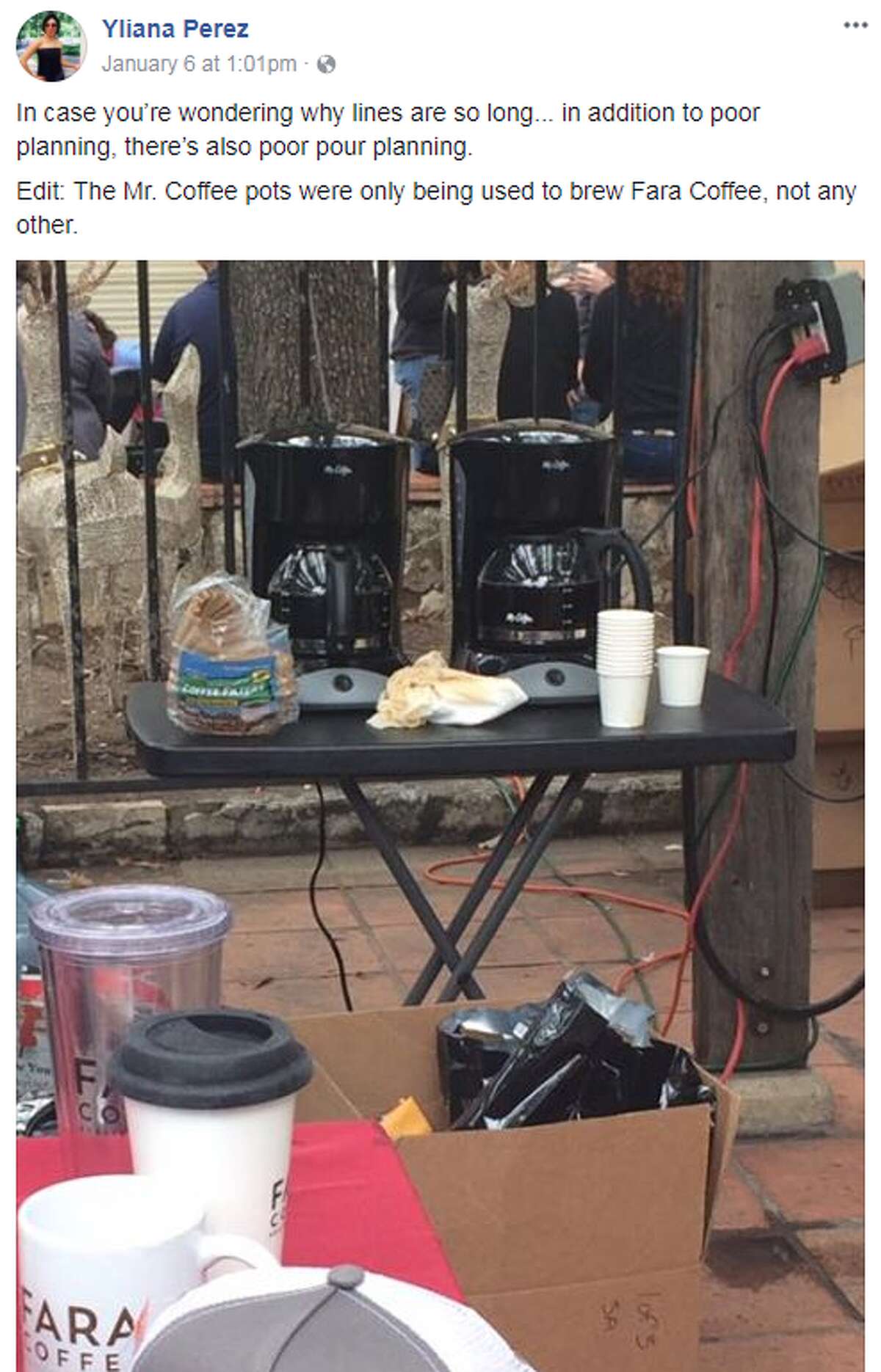 Yliana Perez: In case you’re wondering why lines are so long... in addition to poor planning, there’s also poor pour planning. Edit: The Mr. Coffee pots were only being used to brew Fara Coffee, not any other.