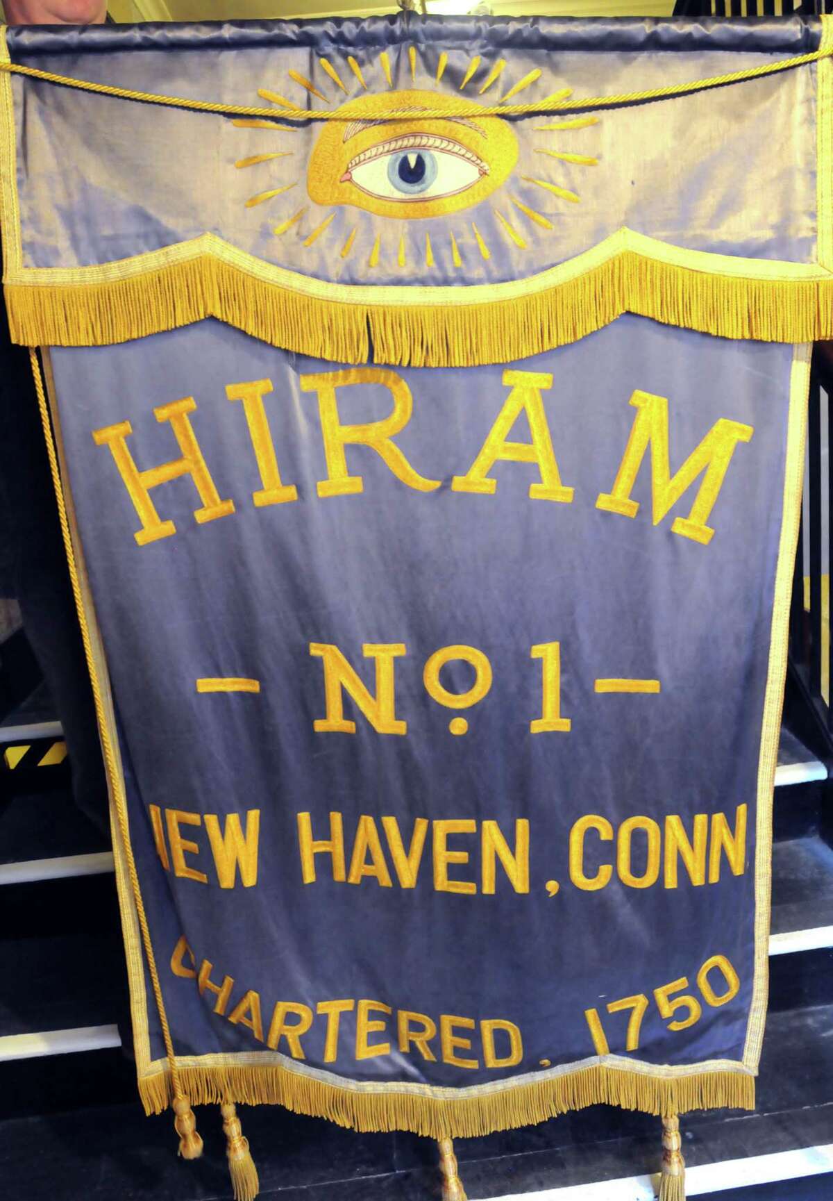 A banner of one of the Masonic Lodges that uses the Masonic Temple on Whitney Ave. in New Haven, built in 1926. Mara Lavitt/New Haven Register 10/8/12