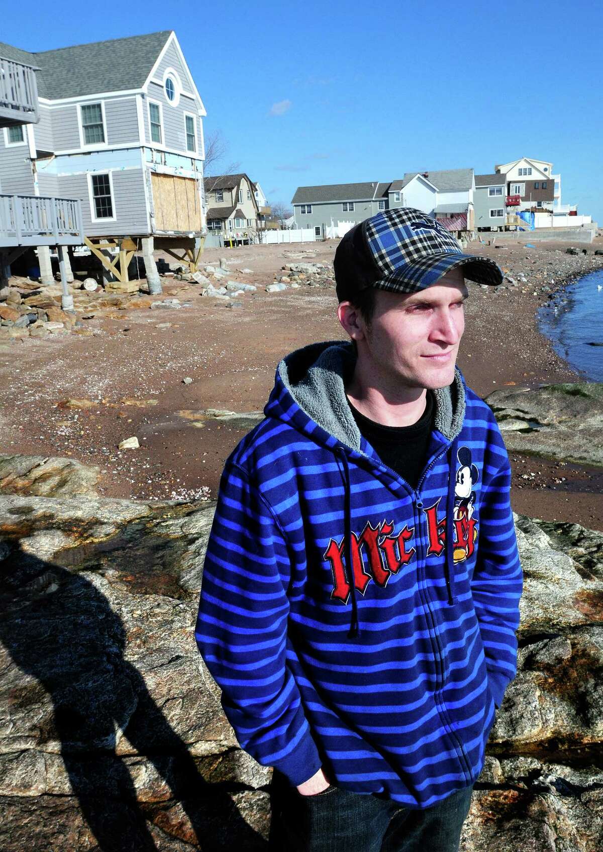 Shawn Hopkinson of East Haven is photographed at Cosey Beach in East Haven on 2/7/2012 where he had set up the relief organization, People Helping People, after Hurricane Irene. Photo by Arnold Gold/New Haven Register AG0438C