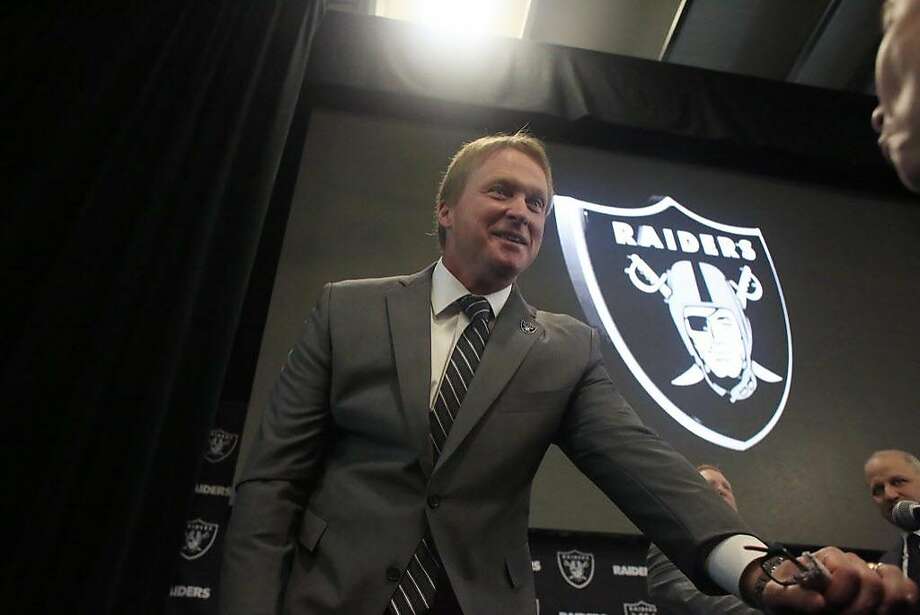 Jon Gruden, Oakland Raiders head coach, talks to people gathered after being introduced as the new head coach of the Oakland Raiders during a news conference at Raiders Headquarters on Tuesday, January 9, 2018 in Alameda, Calif. Photo: Lea Suzuki, The Chronicle