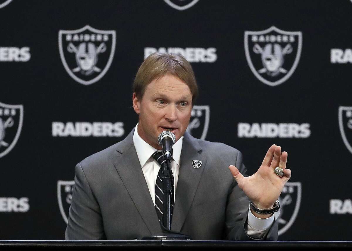 Oakland Raiders head coach Jon Gruden answers questions during an NFL football press conference Tuesday, Jan. 9, 2018, in Alameda, Calif. (AP Photo/Marcio Jose Sanchez)