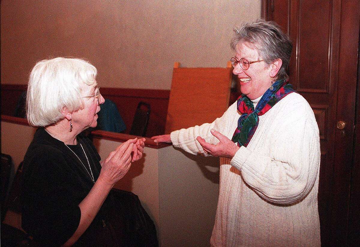 PANEL 1/C/25JAN 96/DD/LS From Left: Director Barbara Oliver confers with playwright and novelist Dorothy Bryant during intermission of dress rehearsal of Bryant's play The Panel. Chronicle photo by Lea Suzuki.
