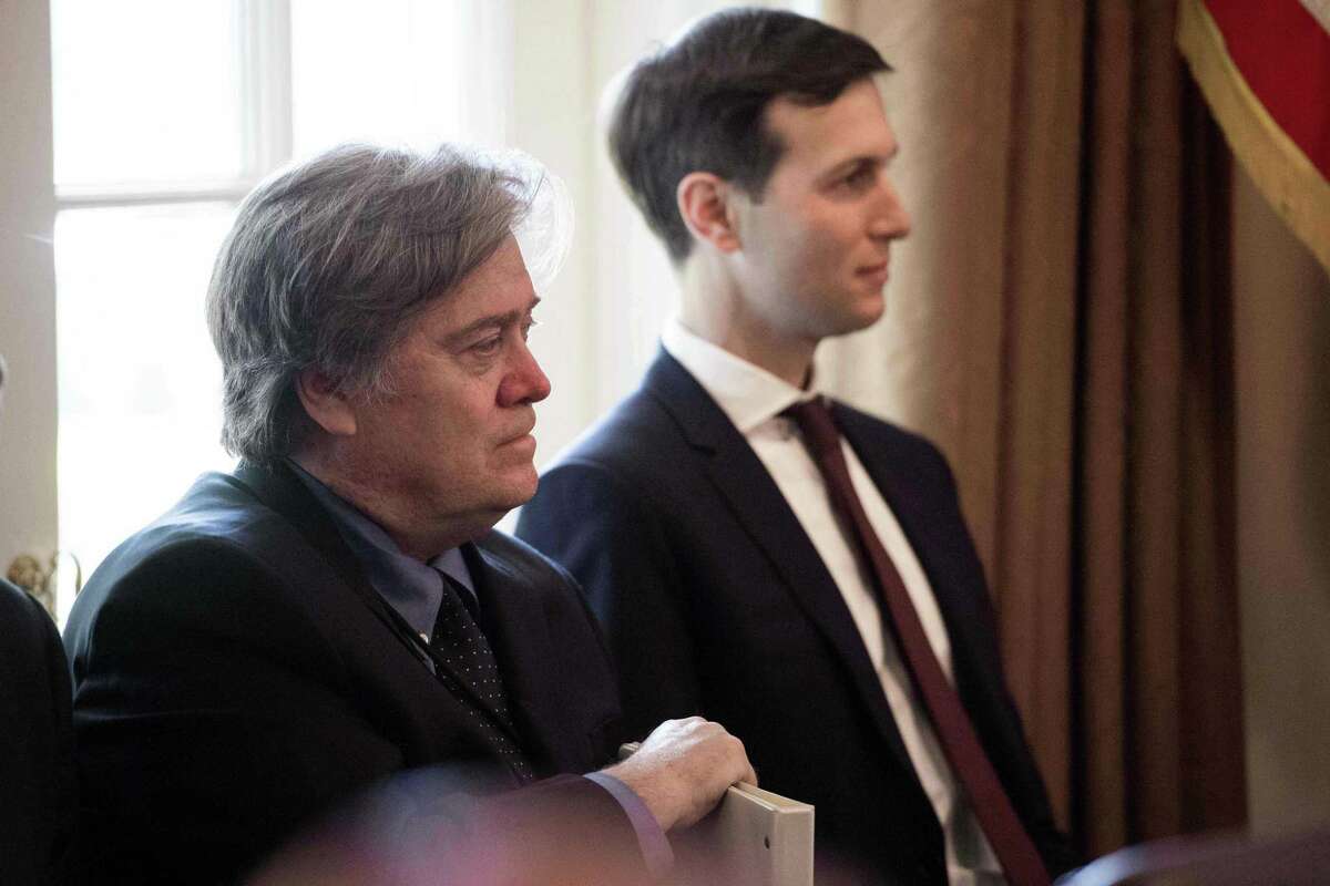 This photo taken on June 12, 2017 shows White House chief strategist Steve Bannon (L) and Jared Kushner, son-in-law and senior adviser to US President Donald Trump at the White House in Washington, DC. US President Donald Trump's former White House strategist Steve Bannon has stepped down from Breitbart News, the conservative news outlet announced on January 9, 2017, amid controversy over his incendiary comments about the president quoted in a new book.