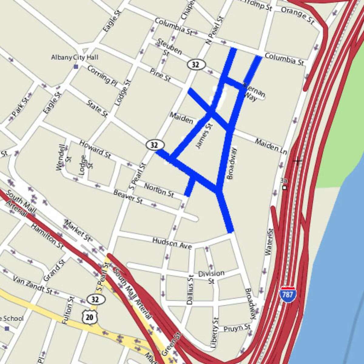 Blue lines show Albany streets that will be closed until 7 p.m. Wednesday for filming of the movie "The Other Guys." (Yahoo! Maps)
