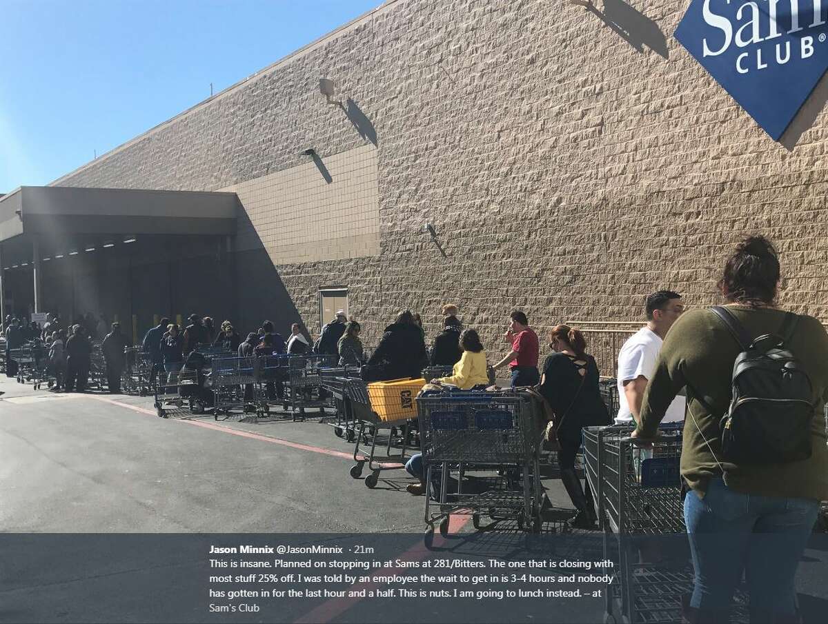 @JasonMinnix on Twitter: "This is insane. Planned on stopping in at Sams at 281/Bitters. The one that is closing with most stuff 25% off. I was told by an employee the wait to get in is 3-4 hours and nobody has gotten in for the last hour and a half. This is nuts. I am going to lunch instead."