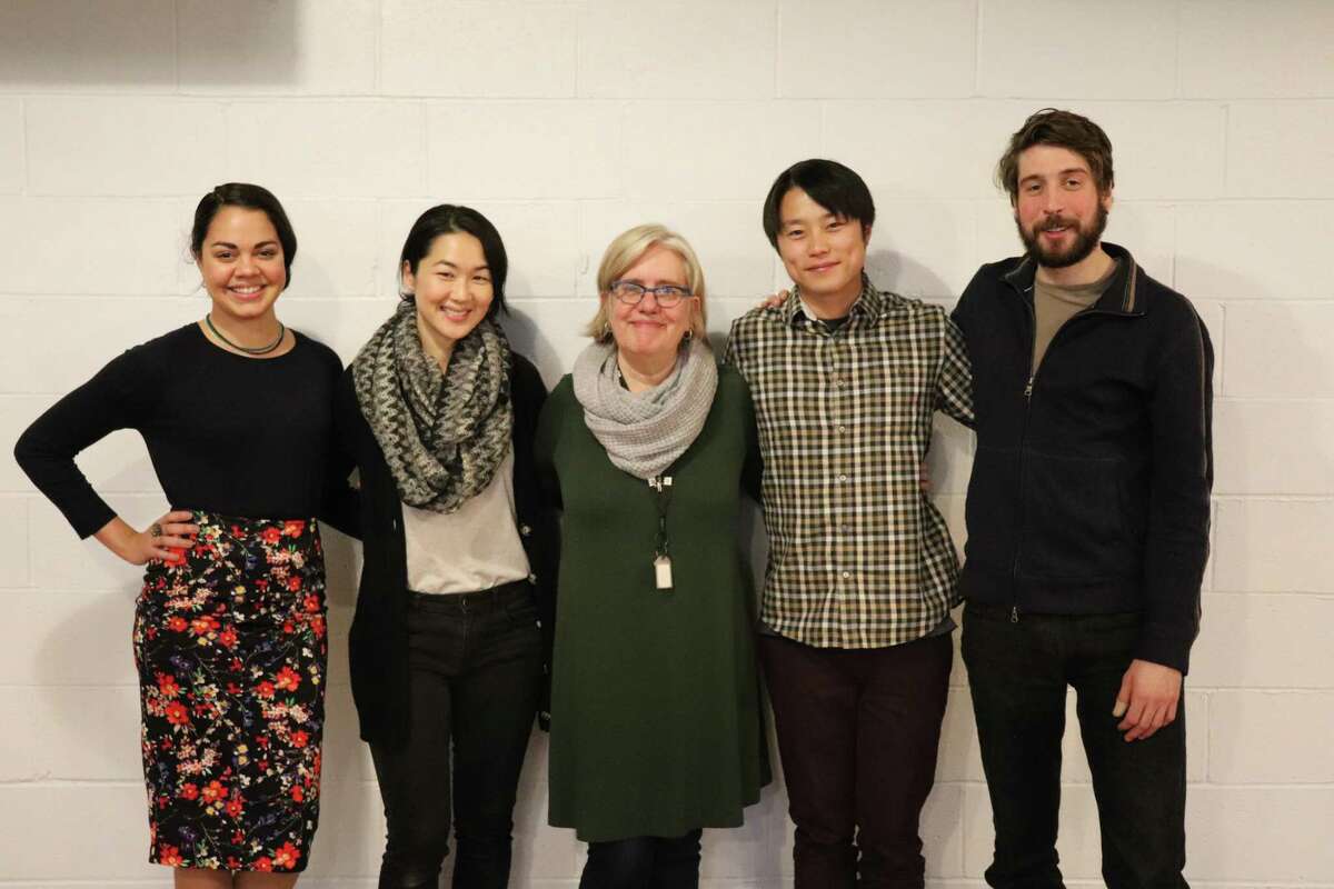 Director Lisa Peterson, center, with “Office Hour” actors, from left, Kerry Warren, Jackie Chung, Daniel Chung and Jeremy Kahn.