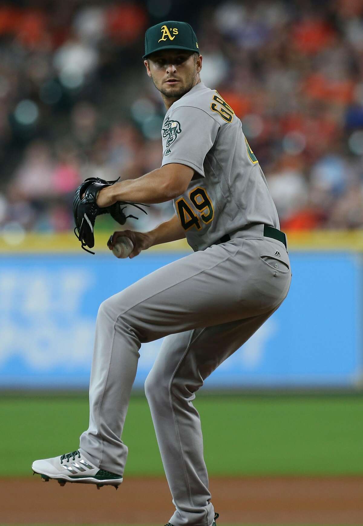 Oakland Athletics starting pitcher Kendall Graveman (49) pitches during the first inning of the game at Minute Maid Park Saturday, Aug. 19, 2017, in Houston. ( Yi-Chin Lee / Houston Chronicle )