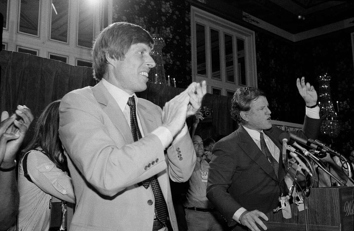 Presidential hopeful Sen. Edward Kennedy, D-Mass., right, speaks to the California delegation to the Democratic Convention on Aug. 11, 1980 at the Waldorf-Astoria hotel in New York City. John Tunney, former Senator from California, applauds at left.