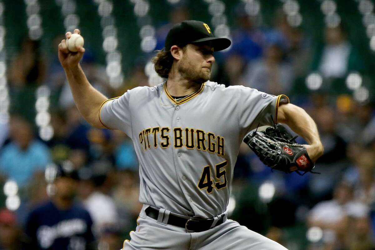 MILWAUKEE, WI - SEPTEMBER 12: Gerrit Cole #45 of the Pittsburgh Pirates pitches in the third inning against the Milwaukee Brewers at Miller Park on September 12, 2017 in Milwaukee, Wisconsin. (Photo by Dylan Buell/Getty Images)