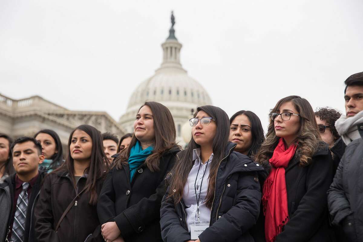 FILE ?‘ A group of young undocumented immigrants known as Dreamers at a rally outside the U.S. Capitol in Washington, Jan. 10, 2018. Some Republican claims about the Deferred Action for Childhood Arrivals policy exacerbating ?’chain migration?“ have been overstated. (Erin Schaff/The New York Times)