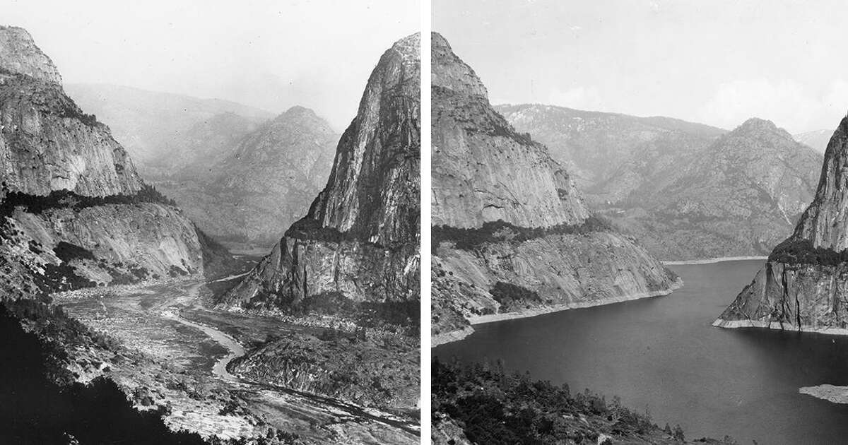 左图是1917年的Hetch Hetchy山谷，在奥肖内西大坝建设之前;右图是1933年，在该地区被洪水淹没建立水库之后。